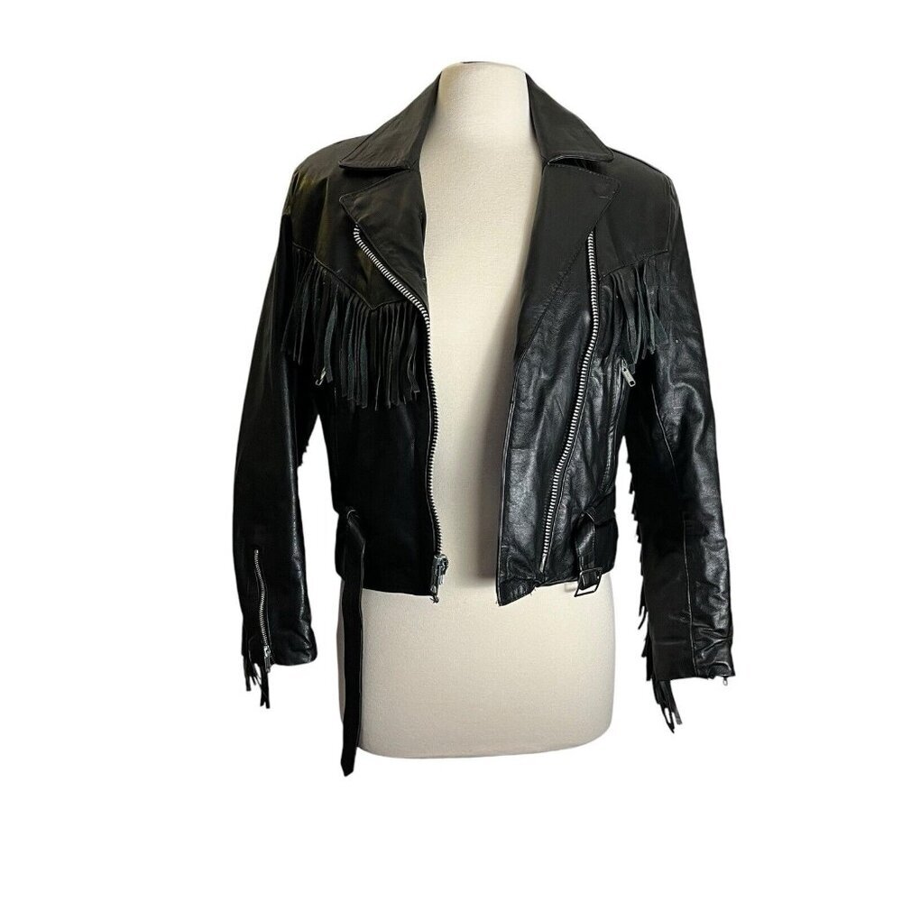 Vintage All American Rider Black Real Genuine Leather Fringe Biker Moto Jacket W
